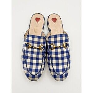 Gucci Princetown Blue Gingham Plaid w/ Gold Horsebit Mules Slippers Sz EU 37 7